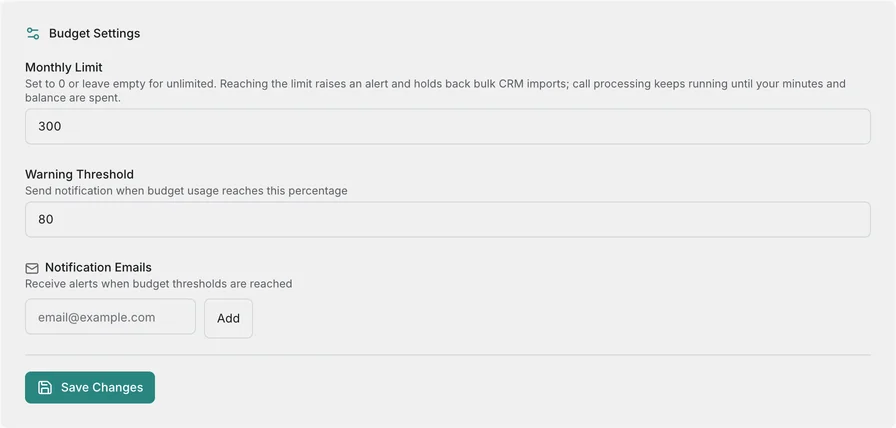 Aelo budget settings screen: monthly limit field, warning threshold field and a list of notification emails