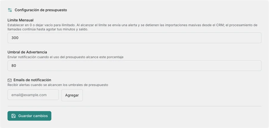 Pantalla de configuración del presupuesto en Aelo: campo del límite mensual, campo del umbral de advertencia y lista de correos de aviso