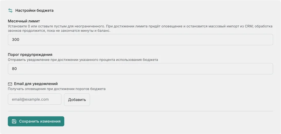 Экран настроек бюджета в Aelo: поле месячного лимита, поле порога предупреждения и список адресов для уведомлений