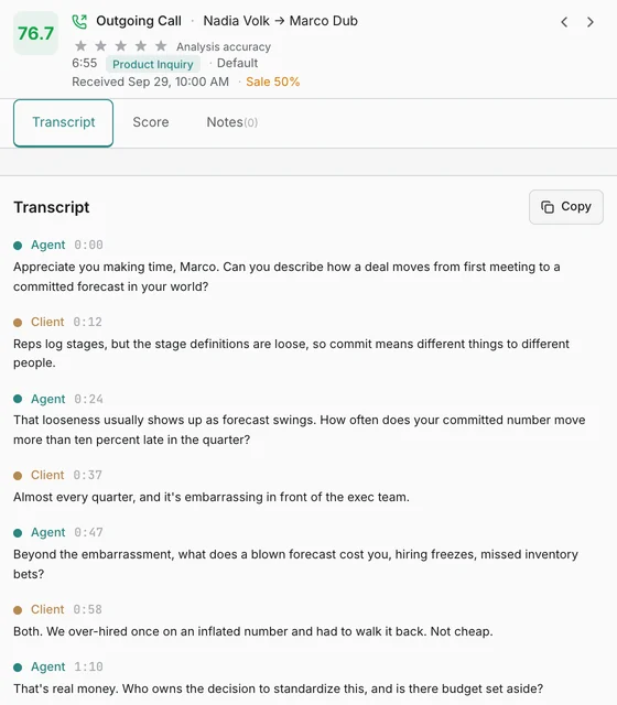 Aelo call card for a sample sales call: overall score and the start of the transcript