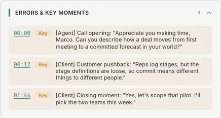 Key moments of a sample call with timestamps and quotes from the transcript