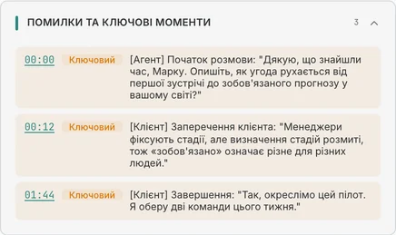 Ключові моменти демонстраційного дзвінка з позначками часу та цитатами з розшифровки
